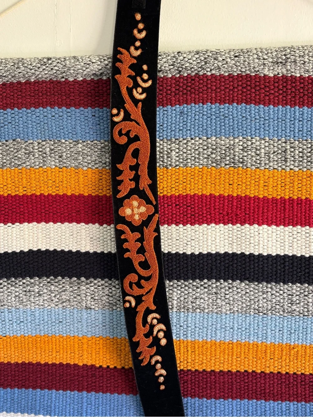 Vintage Black Belt with Orange Embroidered Floral Design